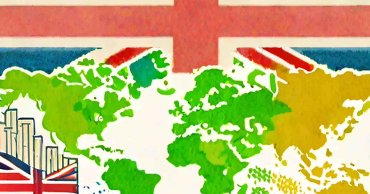 World map with highlighted regions, British and US flags, and city buildings