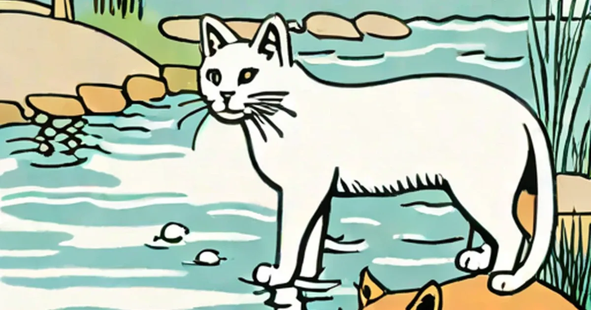 White cat watching a small lamb in the water