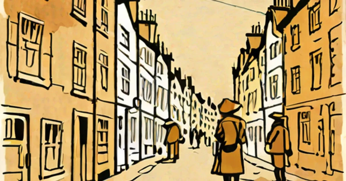 Illustrated city street with buildings and figures walking in coats and hats