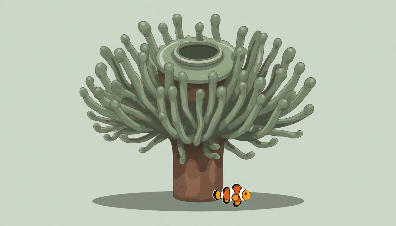 A bubble tip anemone with rounded, bulb-like tentacle tips shelters a small clownfish among its base.
