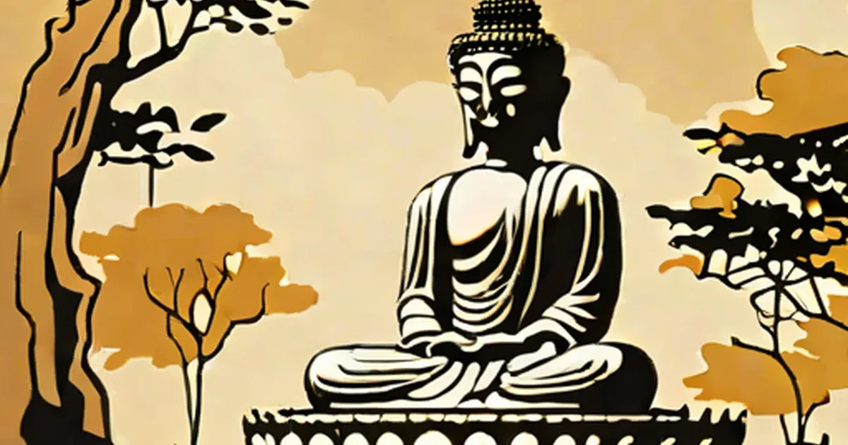 Buddha statue seated in lotus position, surrounded by stylized trees