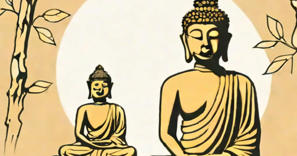 Two gold Buddha statues with a white halo and branches on a tan background