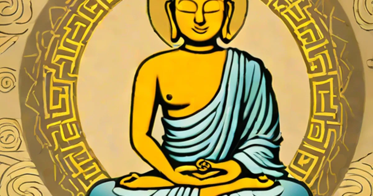 Golden Buddha in meditation pose, wearing blue robes, surrounded by ornate geometric patterns