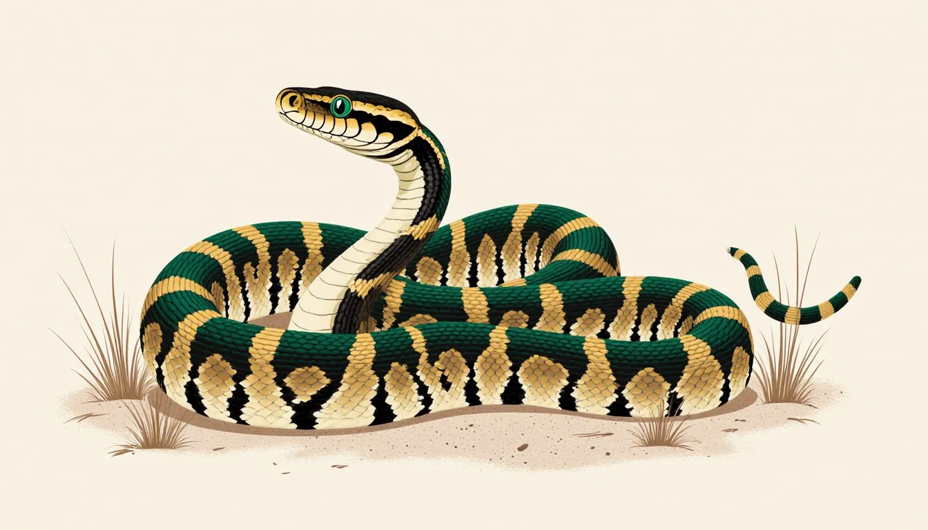 Illustration of a bullsnake coiled in its defensive rattlesnake-mimicking pose, tail raised and blotched scales visible