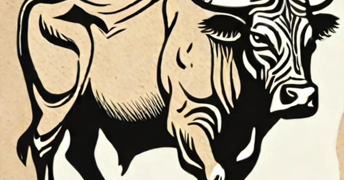 Stylized black and white bull with tribal geometric patterns on cream background