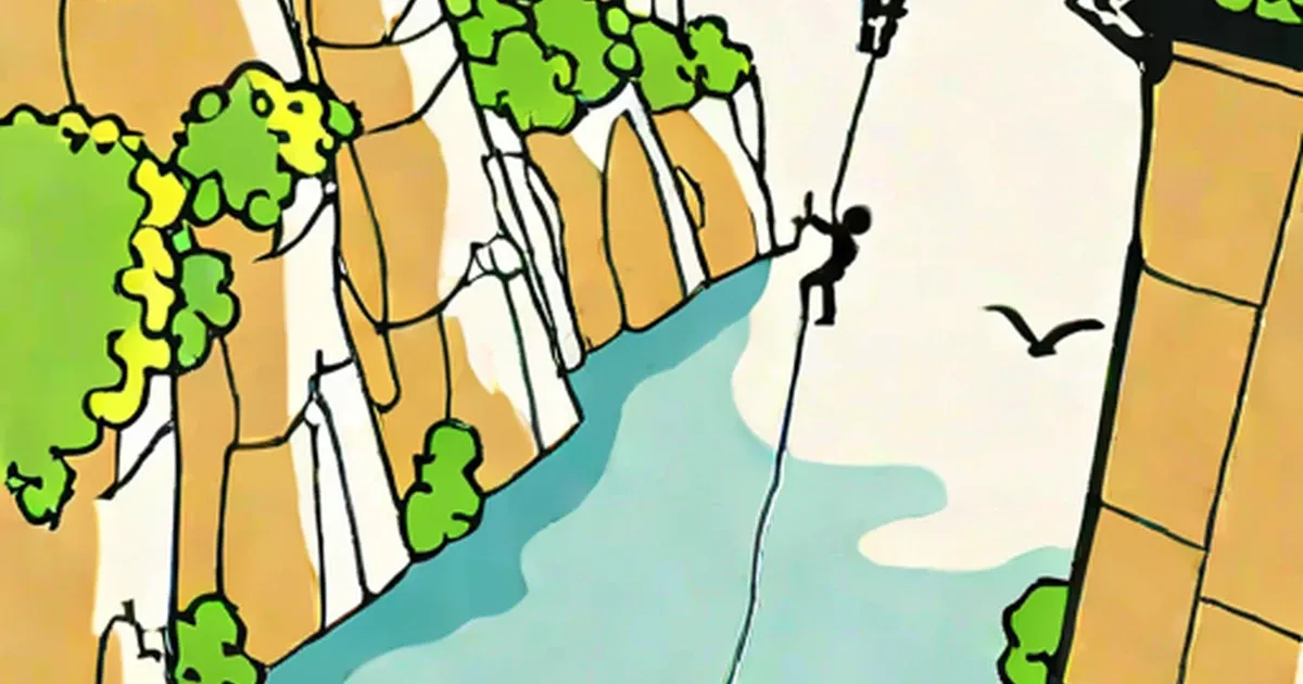 Person bungee jumping between canyon cliffs with a river below