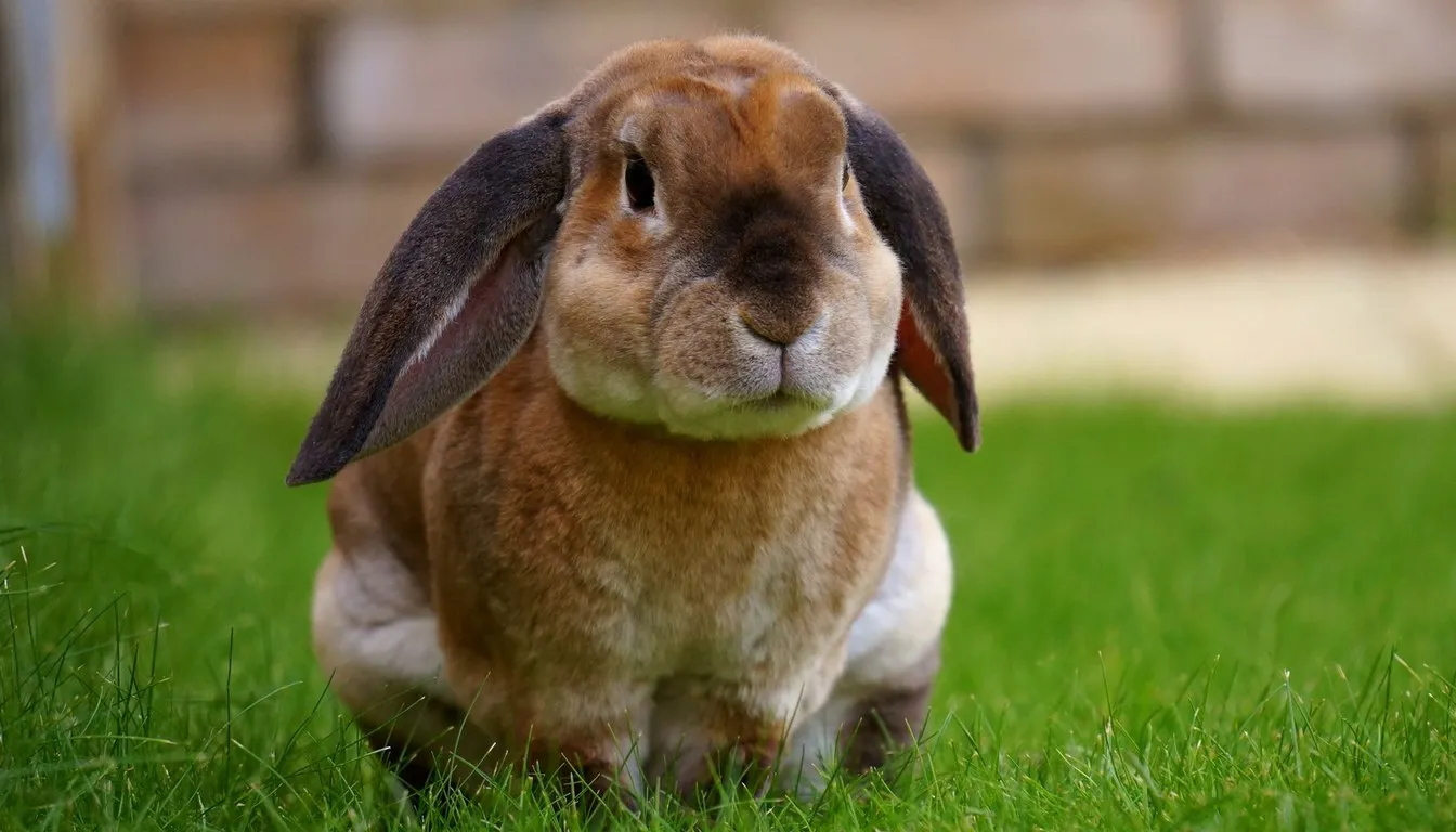 A lop-eared rabbit sitting on a lawn