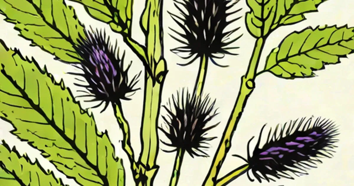 Burdock plant illustration with purple spiky flowers and green leaves
