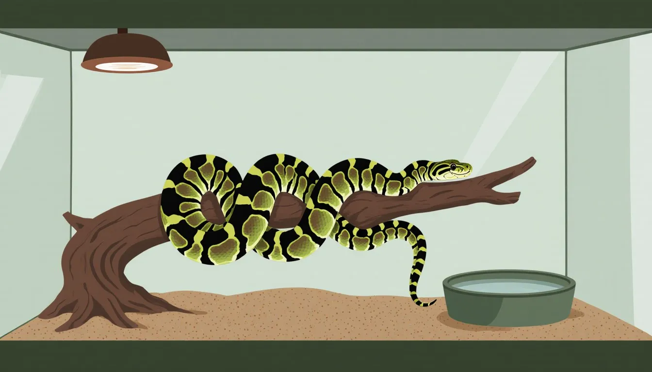 A Burmese python coiled on a branch inside a spacious terrarium with a heat lamp and water dish