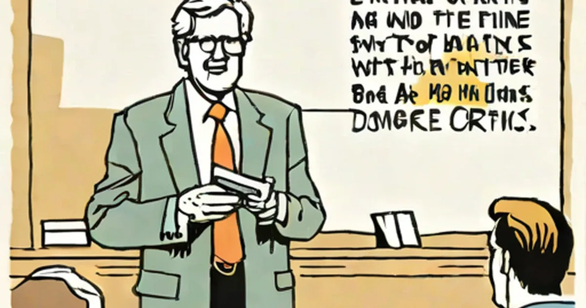 Cartoon of a man in a green suit at podium making remarks to an audience member