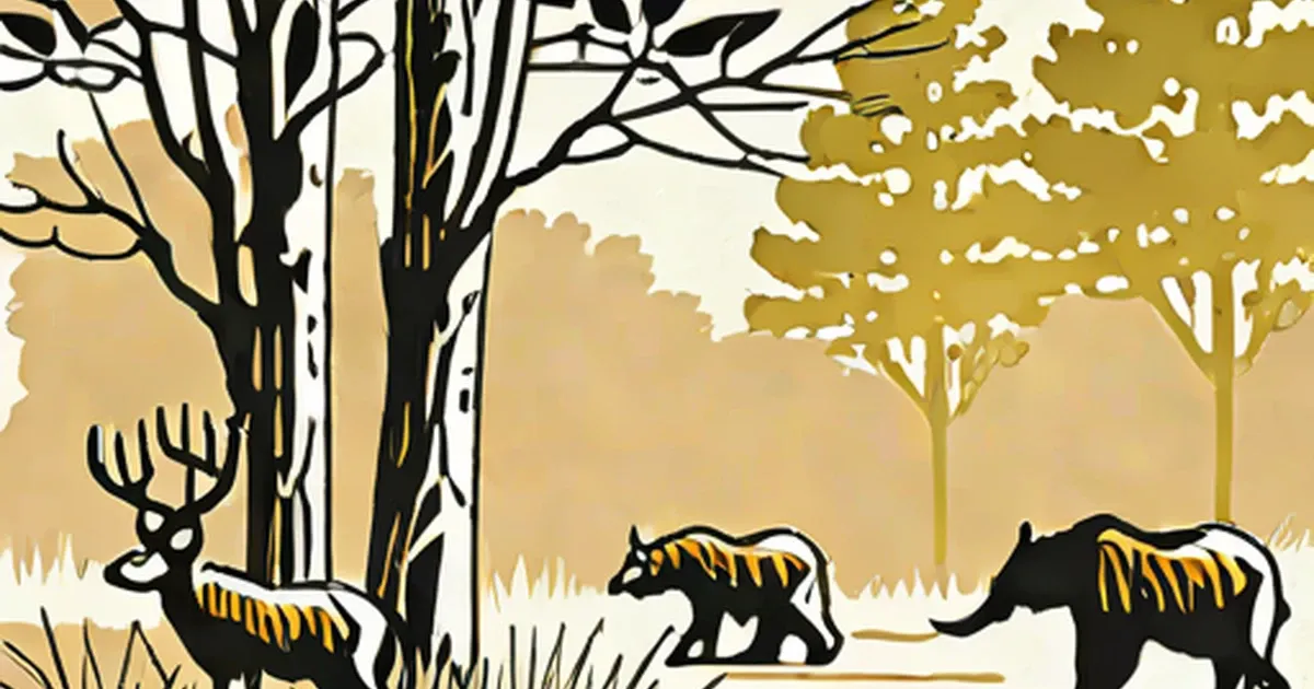 Illustration of a deer and bears in a forest setting