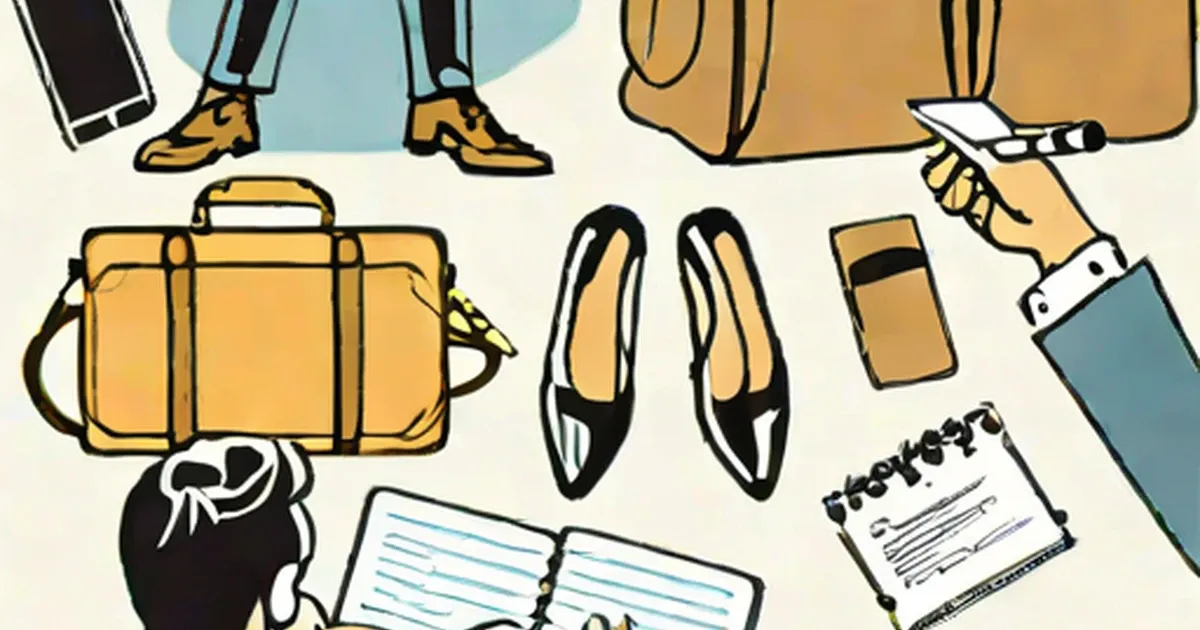 Travel essentials including a suitcase, formal shoes, plane ticket, and notebook