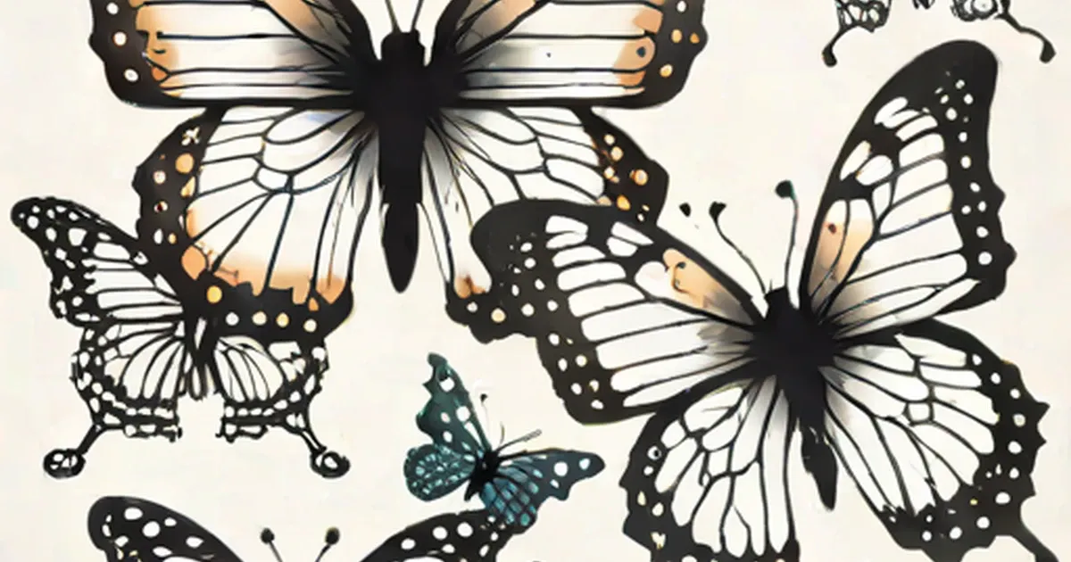 Multiple black butterflies with white stripes and orange details