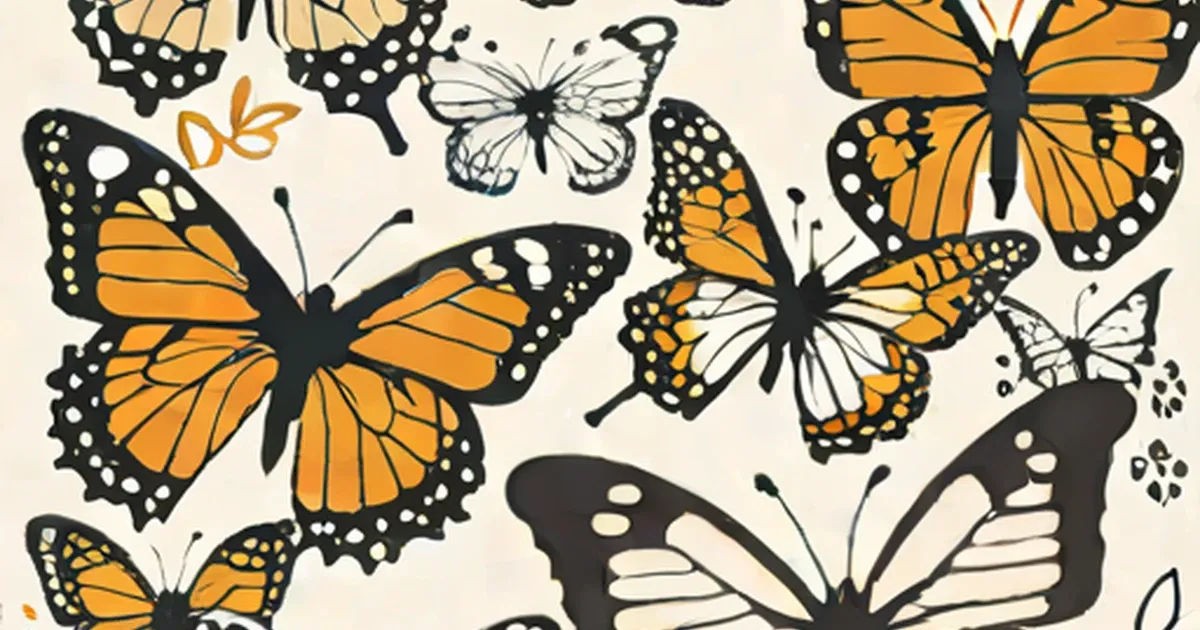 Orange and black illustrated butterflies arranged on a cream background