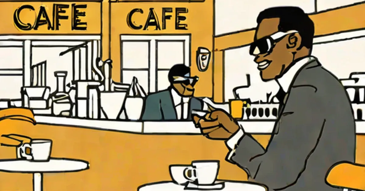 Ray Charles wearing sunglasses in a cafe
