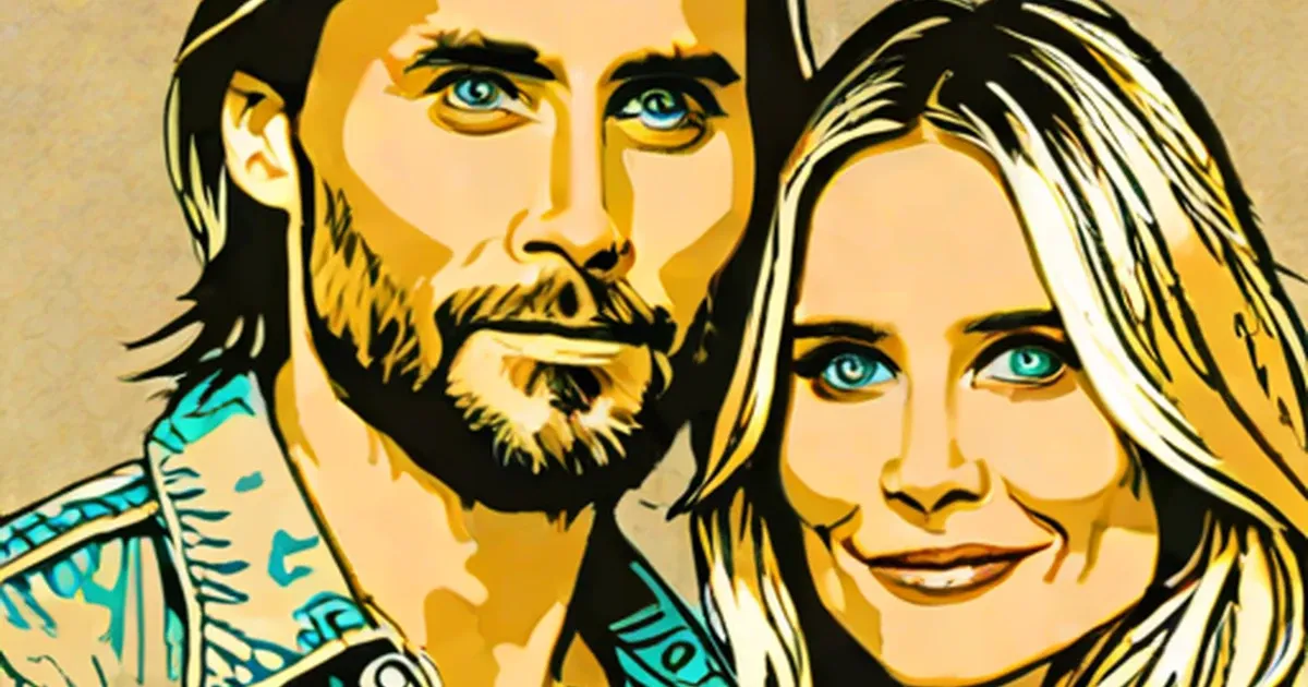 Pop art illustration of Cameron Diaz and Jared Leto in gold and turquoise tones