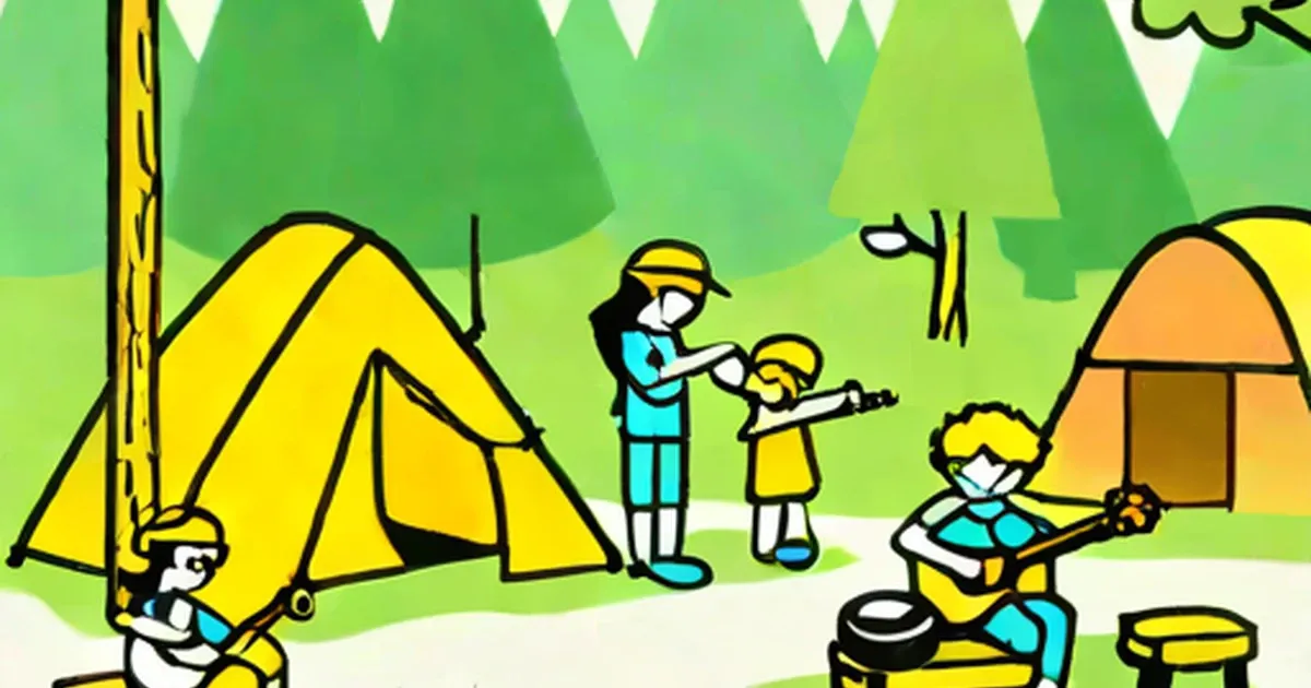 Campers gathered at a campsite with yellow tents and guitars