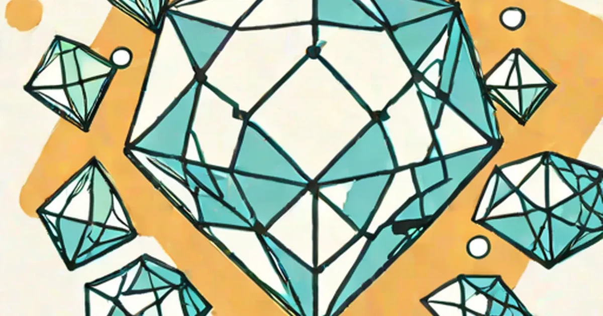 Illustrated diamonds with geometric facets in teal and white on a golden background