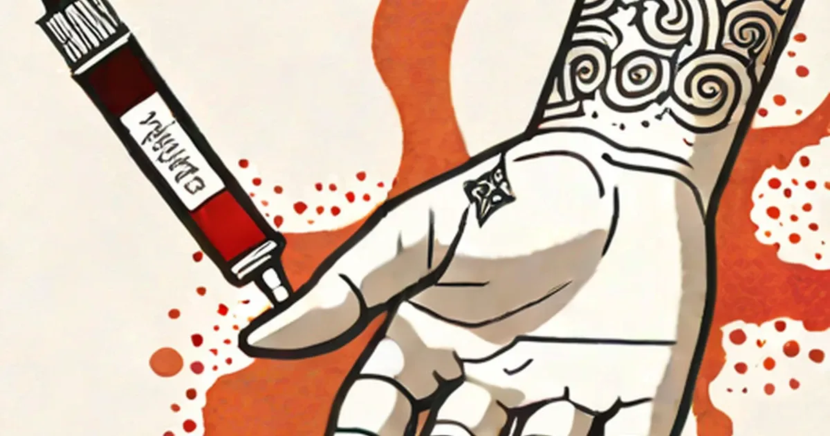Syringe labeled piercing injecting red particles into an arm