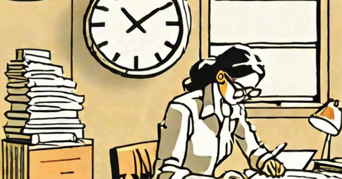 Woman at desk with stack of papers and wall clock