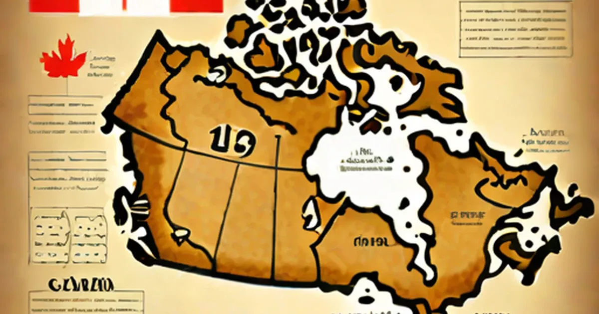 Stylized map of Canada showing provinces outlined and a red maple leaf symbol