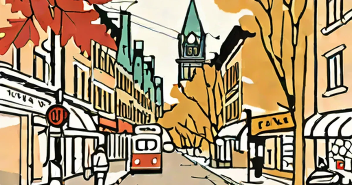 Historic street in autumn with a clock tower and vintage red streetcar