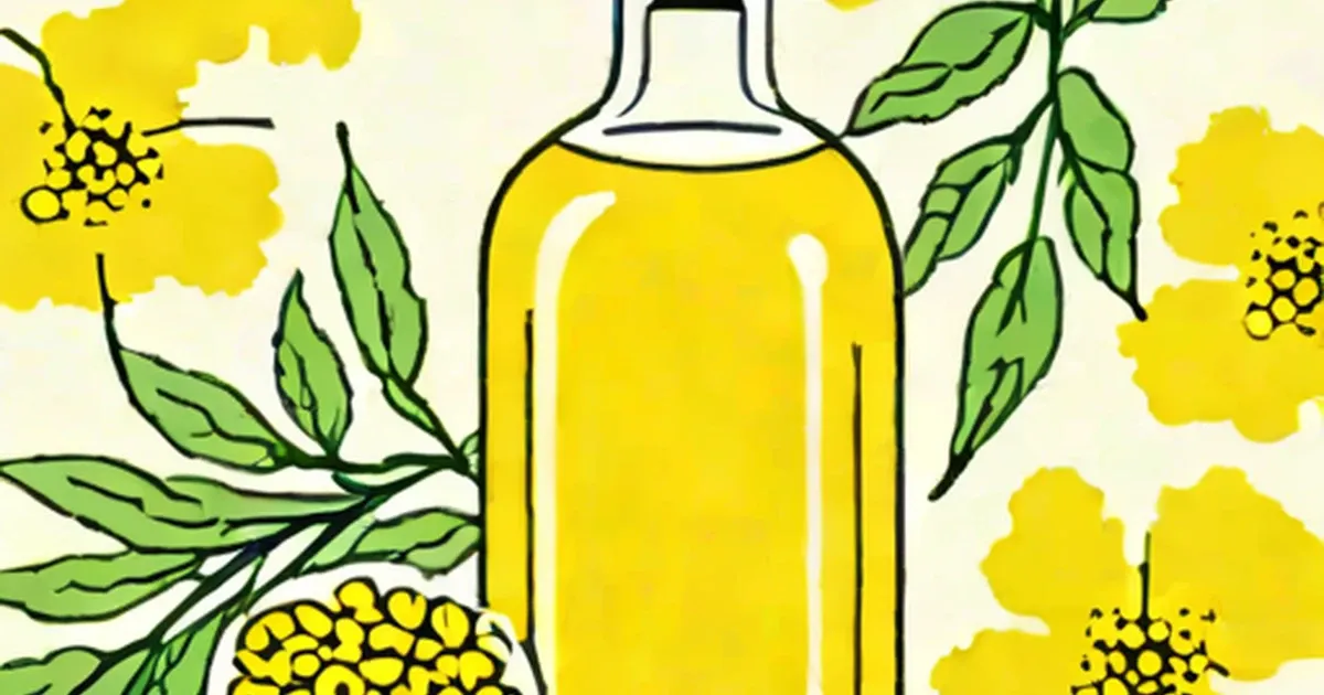 Glass bottle of golden canola oil with illustrated yellow flowers and green leaves