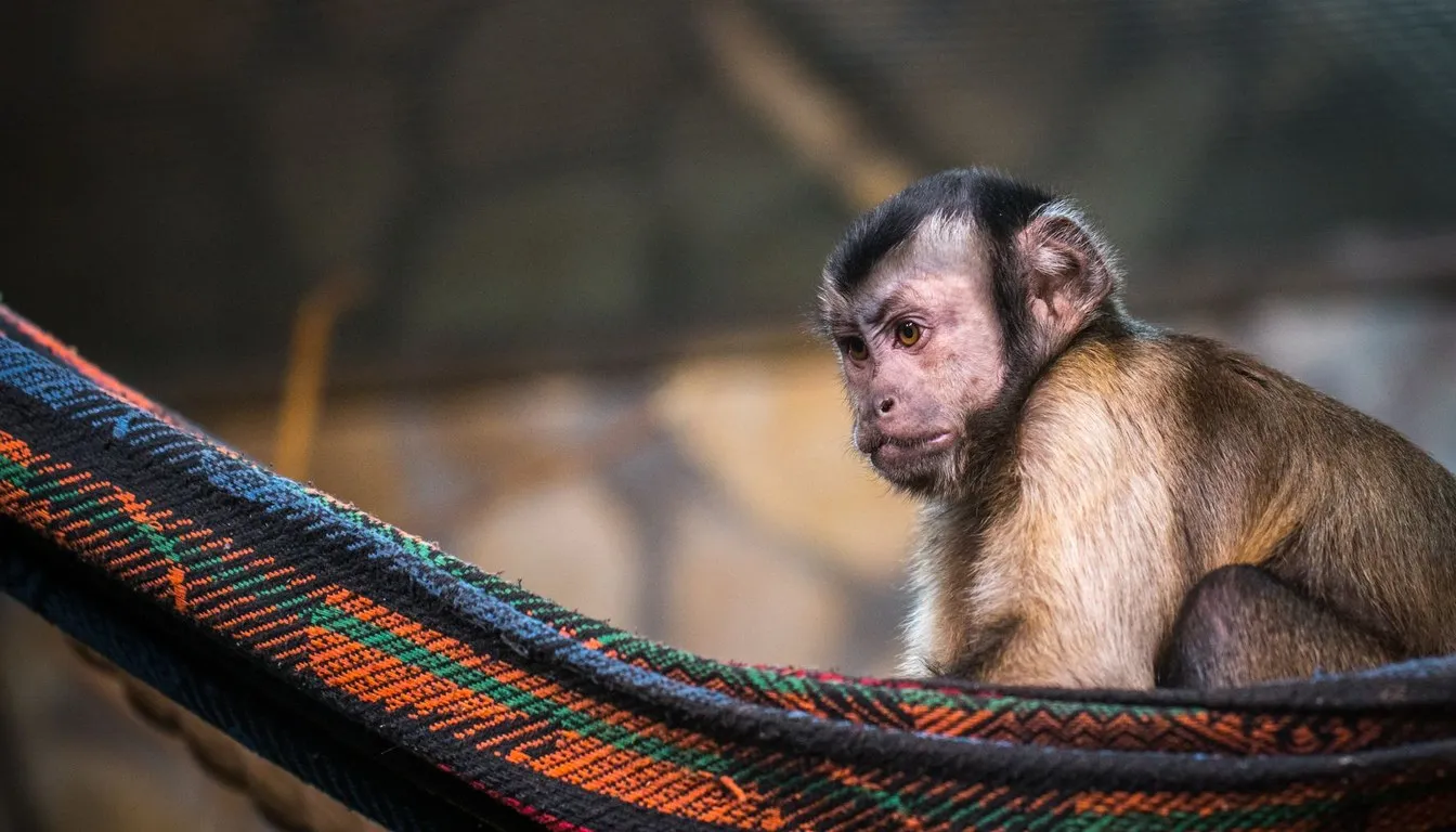 A capuchin monkey resting on a hammock