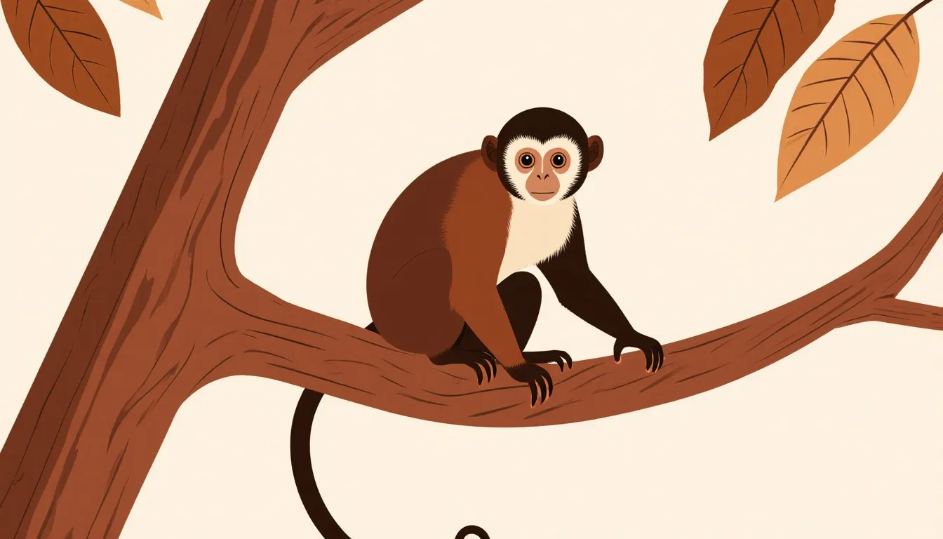 A capuchin monkey perched on a branch, showing its dark furred cap and pale face.