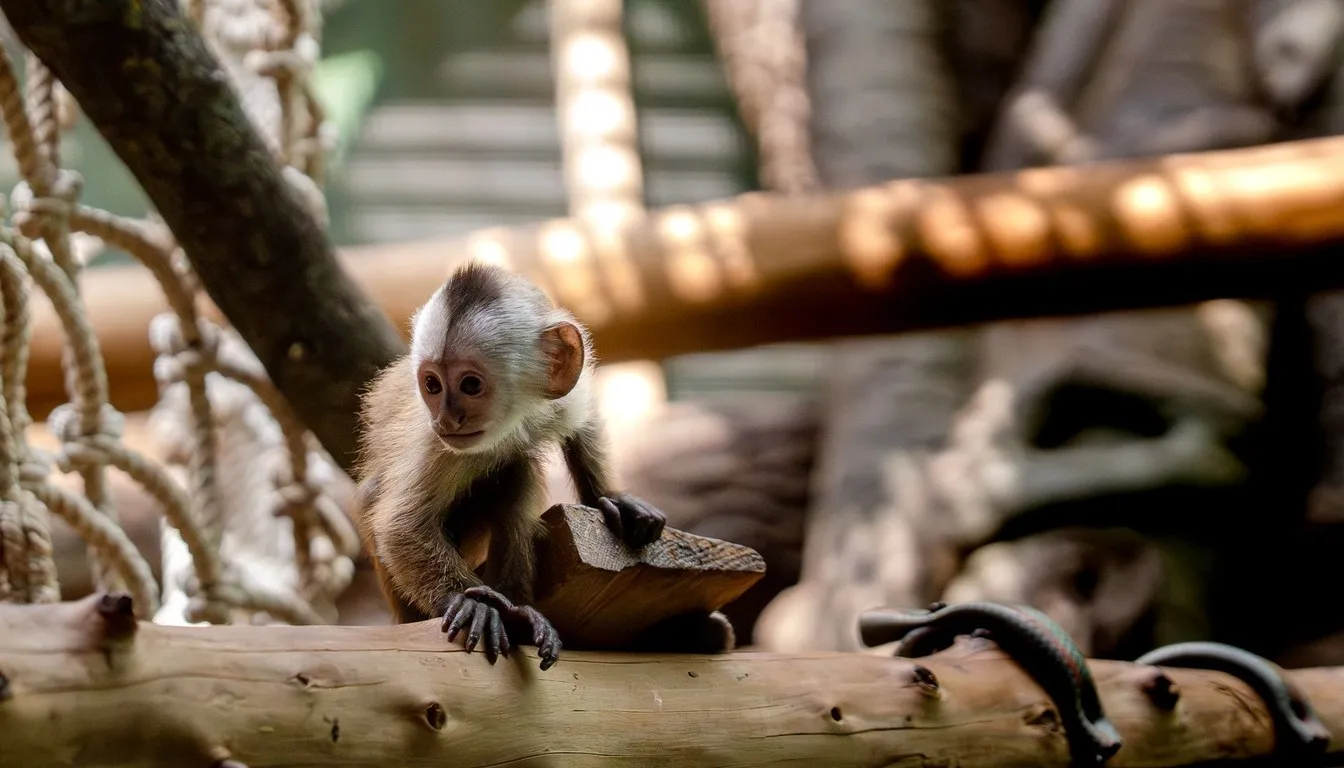 A young capuchin monkey climbing in an enclosure