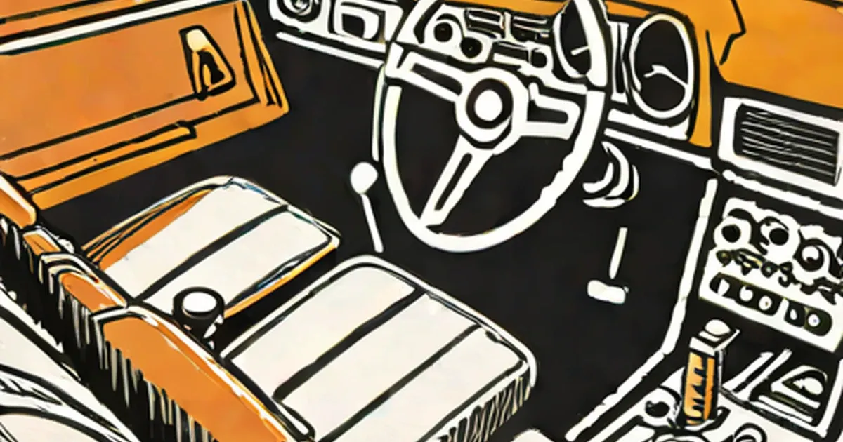 Illustrated car interior showing dashboard audio controls with sound waves