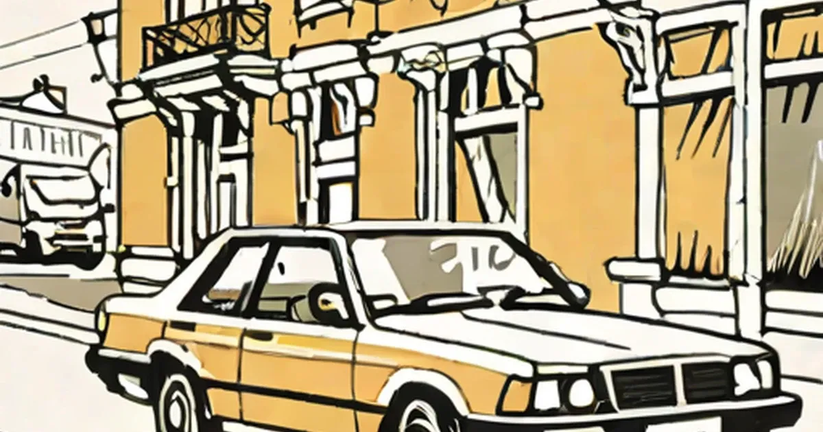 Vintage sedan parked on a street in front of a yellow building