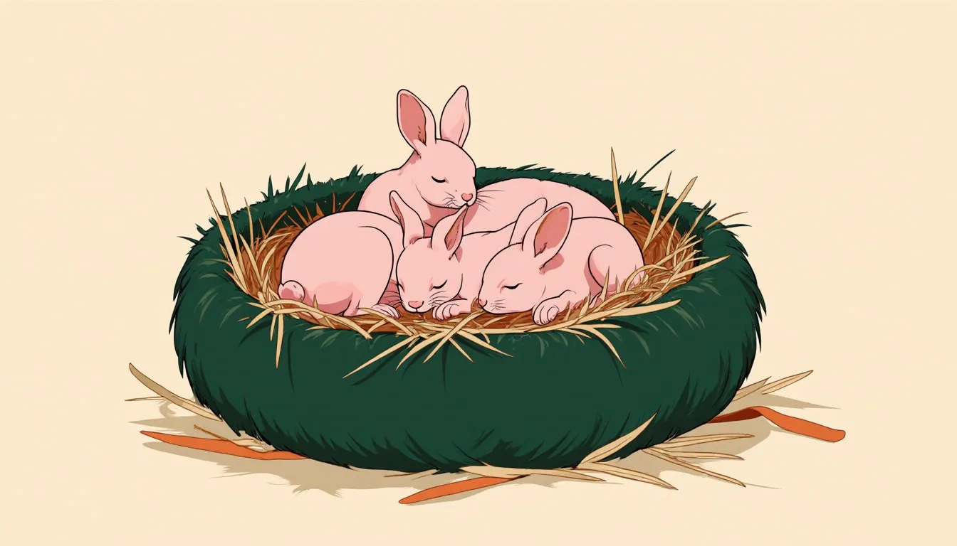 Newborn rabbit kits, hairless and pink-skinned, huddled together in a nest lined with fur