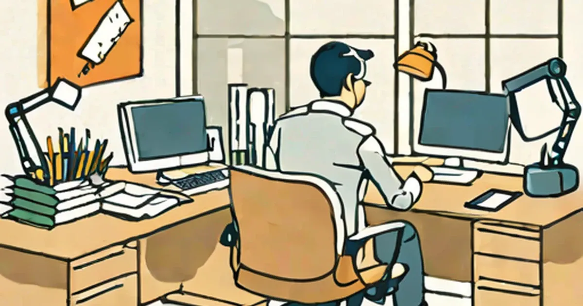 Office worker at desk with multiple monitors and documents