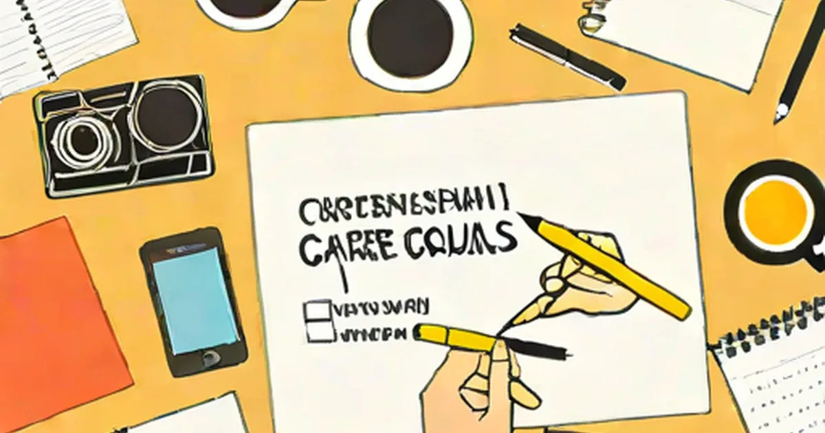 Hands write career goals checklist with markers on yellow workspace