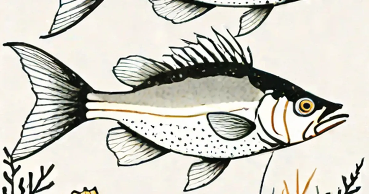 Black and white illustration of a piranha with gold eye and spiky dorsal fin