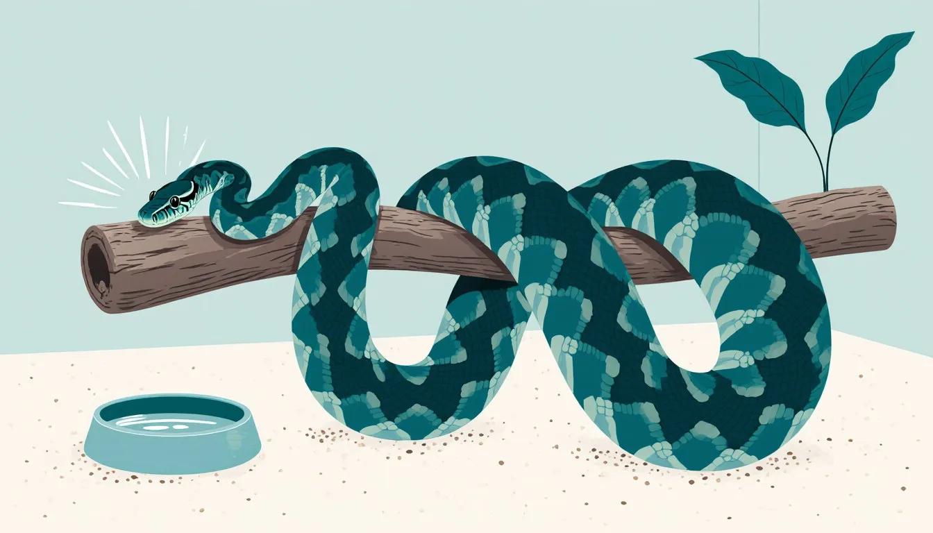 A carpet python coiled on a branch inside a terrarium with a water dish and warm basking glow