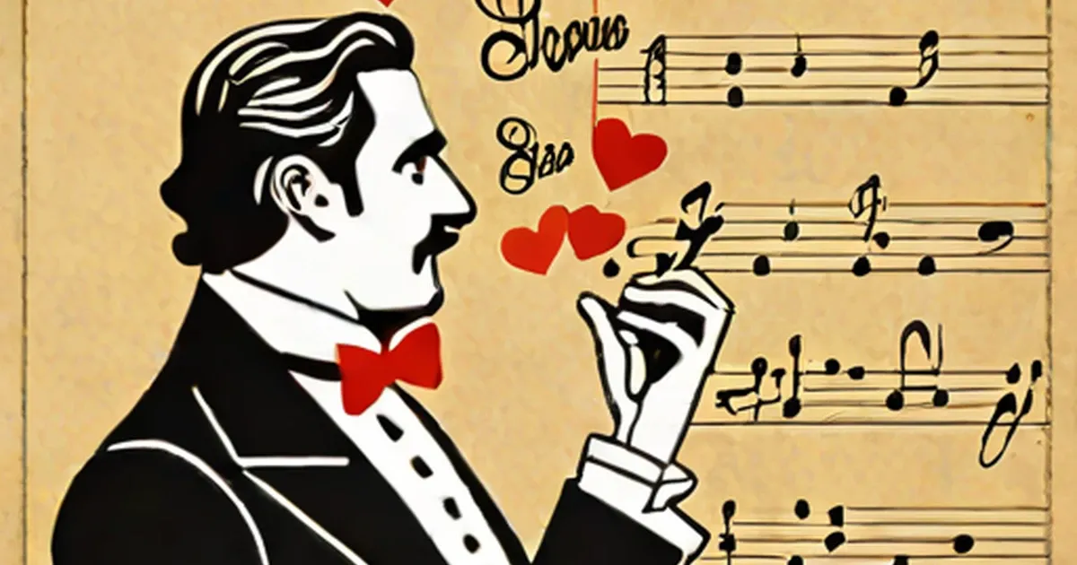 Caruso in profile amid musical staff lines and red hearts