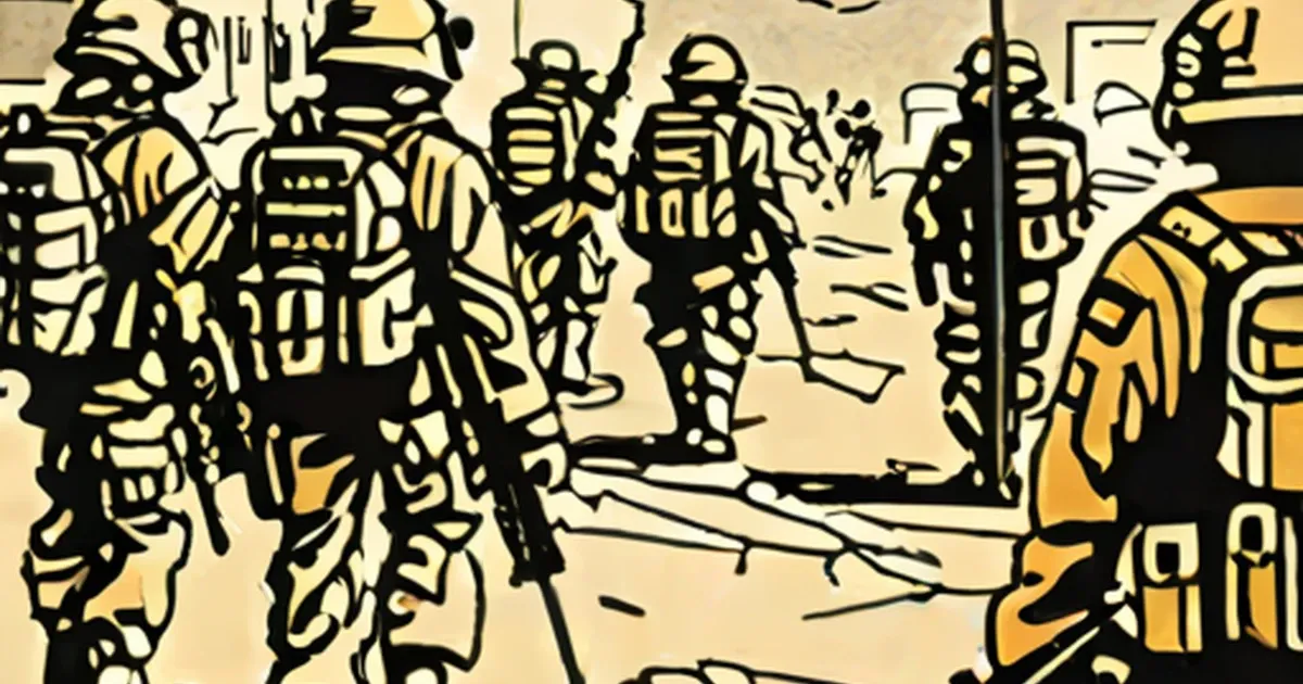 Soldiers in tactical military gear illustrated in bold black and yellow tones
