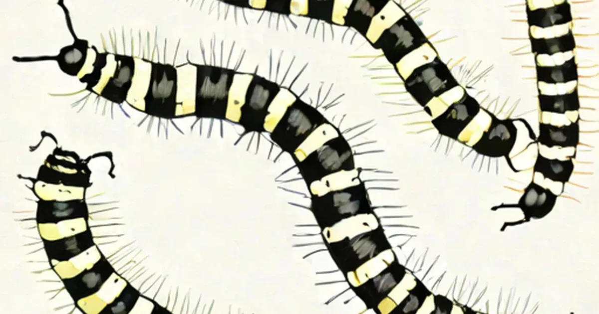 Banded caterpillars with black and yellow striped segments and protruding bristles