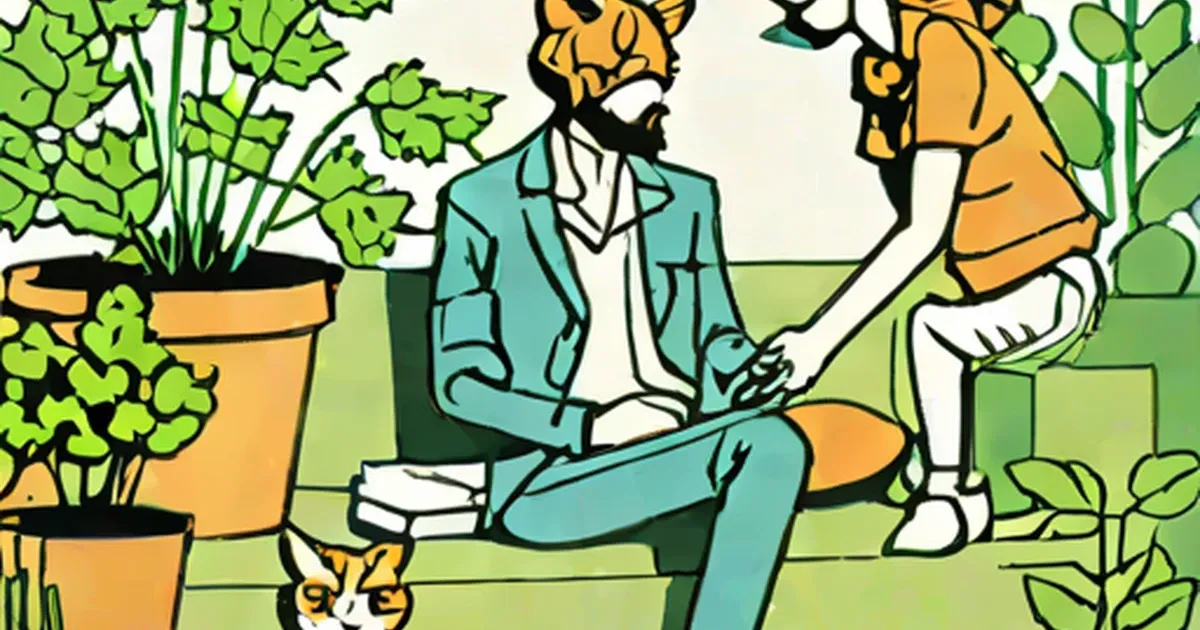 Two anthropomorphic cats in business clothes relaxing in a garden setting