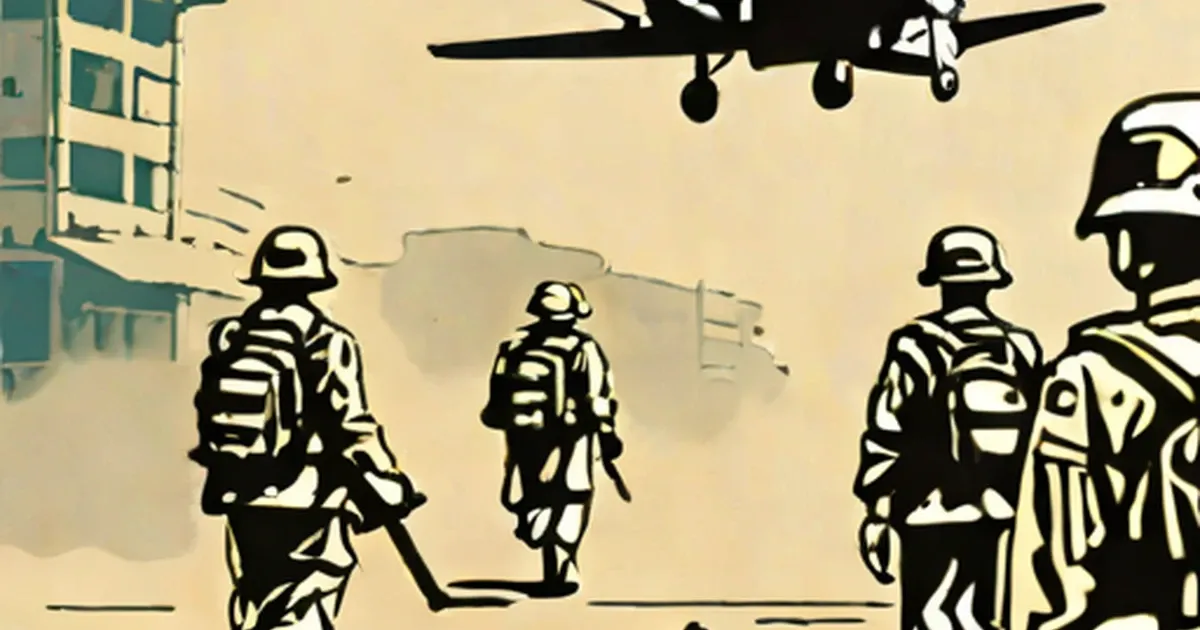Troops advance through damaged terrain as a military transport plane flies overhead