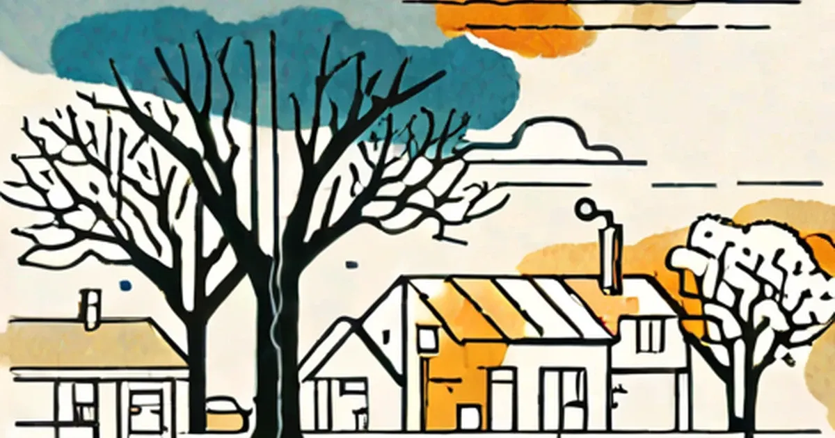 Buildings and bare trees beneath atmospheric layers showing a warm orange band suspended above
