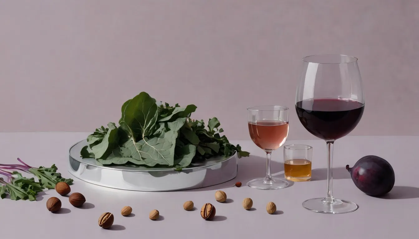 Red wine, a tray of leafy greens, walnuts and a fig, everyday things tied to losing magnesium