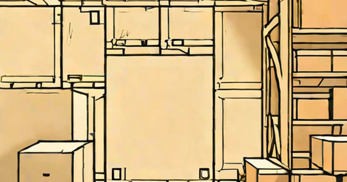 Architectural floor plan drawing in light tan with black outlines of walls and room layouts