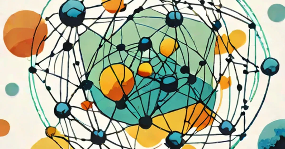 Stylized diagram of a nucleus with colored organelles and connecting molecular networks