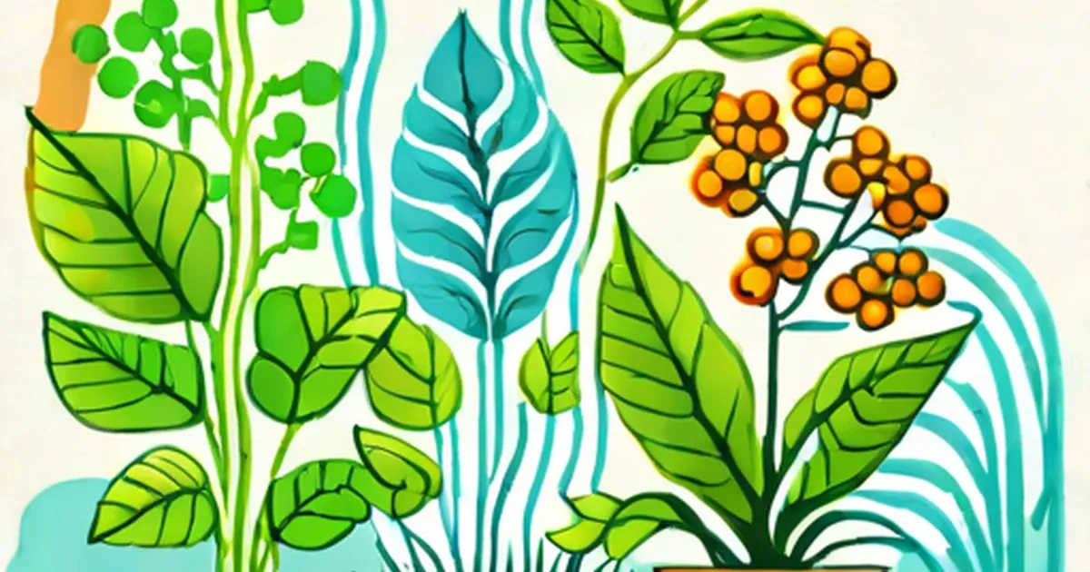 Plants with green leaves, blue foliage, and orange berries in botanical illustration