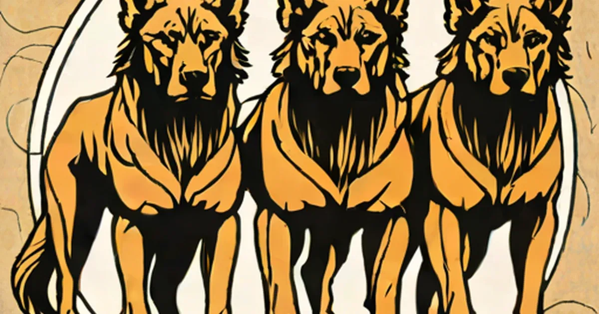 Cerberus, the three-headed dog, illustrated in orange and black