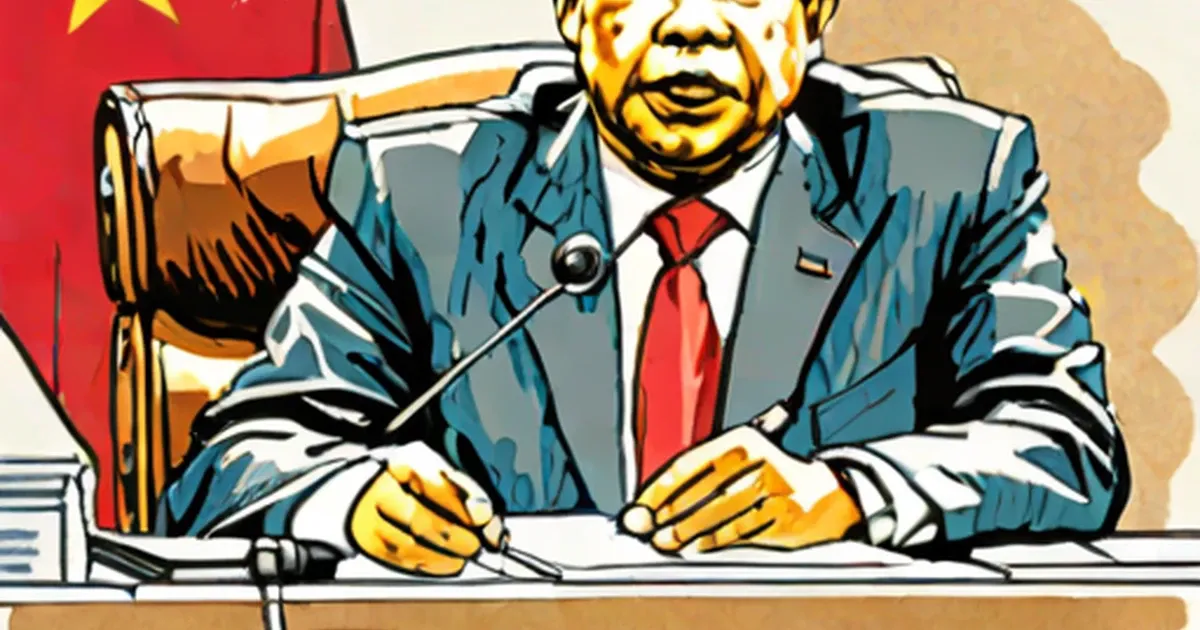 Illustration of man in blue suit at microphone with Venezuelan flag