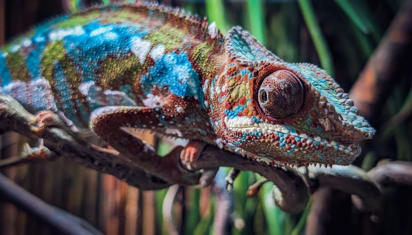 A panther chameleon with vivid blue and orange markings on a branch